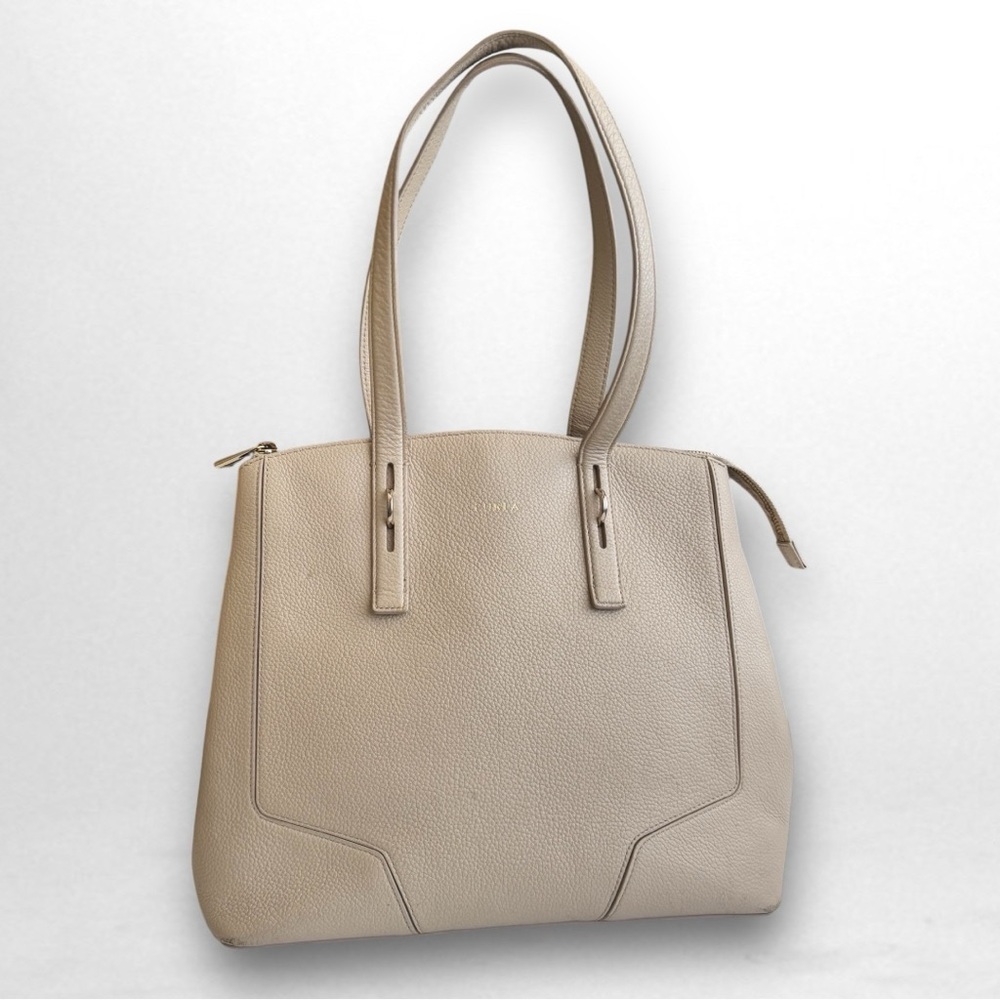 Furla Leather Ivory Perla Shoulder Tote Minimalist Classic Elegant Gold Hardware - Picture 3 of 13